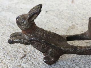 ANTIQUE CAST IRON TOY Rabbit Being Pulled By A Rabbit In A Cart Wheels Work 3