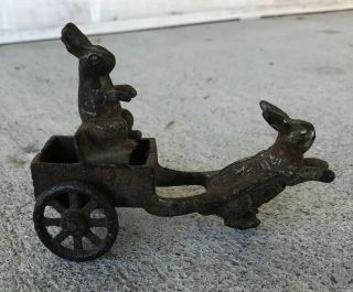 ANTIQUE CAST IRON TOY Rabbit Being Pulled By A Rabbit In A Cart Wheels Work 6