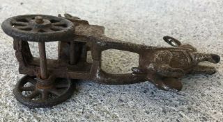 ANTIQUE CAST IRON TOY Rabbit Being Pulled By A Rabbit In A Cart Wheels Work 8