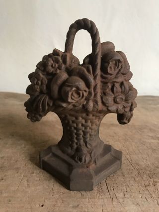 Old Antique Cast Iron Flower Basket Door Stop Unpainted Patina Aafa