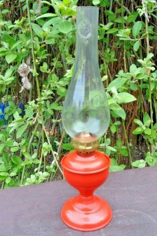Vintage Small Red Weighted Metal Oil Lamp,  Chimney 12 " High Order