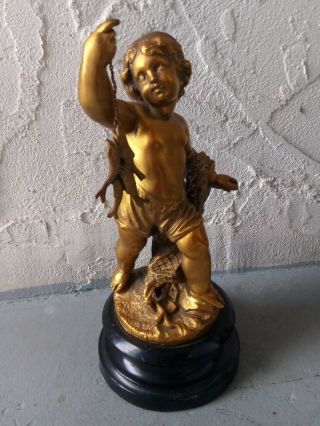 Antique Bronzed Spelter Statue Of Boy Holding Fish Catch On Wood Base 12 "
