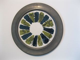 Mid Century Modern Pewter And Enamel Tile Hand Painted Geometric Designs Plate