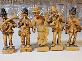 5 Vintage Black Forest German Wood Carved Musicians From Germany