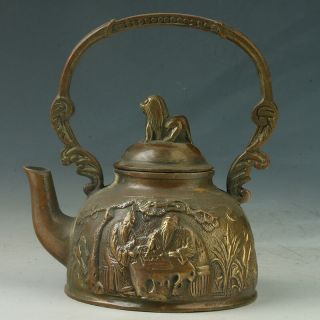 Chinese Exquisite Brass Teapot Carved Old Man Play Chess M852