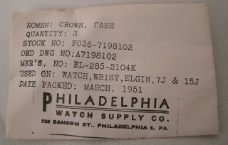 3 - Nos Military Packaged Wwii Korea Wristwatch Crown Philadelphia Watch For Elgin