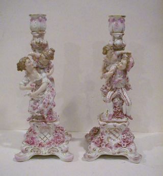 Pair C:1887 Sitzendorf German Porcelain Figurial Candlesticks