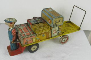 Antique Vintage Unique Art Co.  Wind Up Tin Litho Baggage/mail Cart