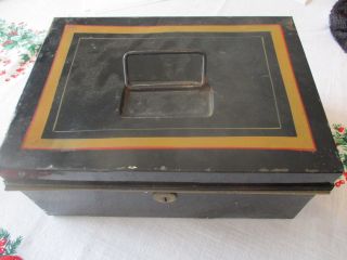 Antique Black Document Box With Red And Gold Stripe/includes Key For Lock.