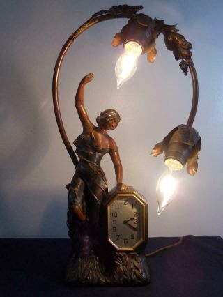 Antique Schadow And Son Art Nouveau Figural Lamp With Clock - Circa 1900