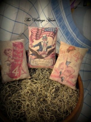 Primitive Americana Patriotic Bowl Ornies Pillow Tucks Vintage Hare