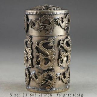 China Old Copper Plating Silver Hand - Carved Dragon Phoenix Toothpick Box A01