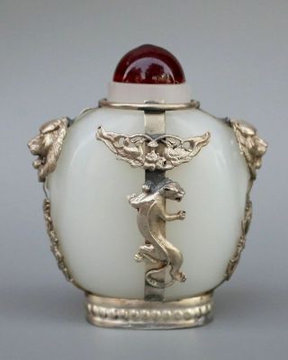 Chinese old Afghanistan White Jade Silver Gecko Snuff Bottle 3