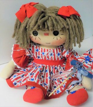 Hm Primitive Raggedy Ann Button Eye Doll " Patriotic Patty " Handmade Windmill