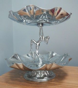 Vintage Art Deco Dancing Nude Lady Chromed 2 Tier Cake Stand Thistle Decoration