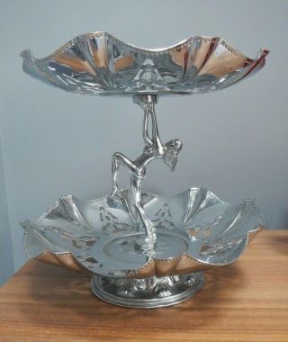 VINTAGE ART DECO DANCING NUDE LADY CHROMED 2 TIER CAKE STAND THISTLE DECORATION 2