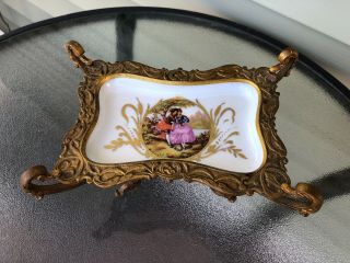 Antique French Sevres Hand Painted Porcelain Compote Dish Tray W Bronze Mount