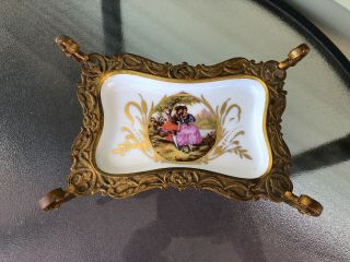 ANTIQUE FRENCH SEVRES HAND PAINTED PORCELAIN COMPOTE DISH TRAY w BRONZE MOUNT 2