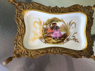 ANTIQUE FRENCH SEVRES HAND PAINTED PORCELAIN COMPOTE DISH TRAY w BRONZE MOUNT 5