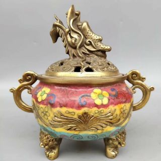 Chinese Cloisonne Incense Burner Carved Drogan Three Feet Brass Incense Burner F