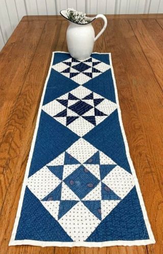 Indigo Blue C 1890 - 1900 Stars Antique Quilt Table Runner 35 X 11 1/2