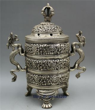 Vintage Oriental Old Tibetan Silver Incense Burner Censer Hand Carved Dragon