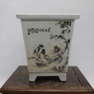 Chinese Old Porcelain Four - Sided Flowerpot With Ink Figure Story Pattern