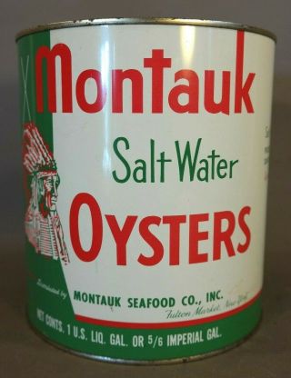 Vintage Montauk Salt Water Oyster Tin Old Indian Head Advertising 1 Gallon Can