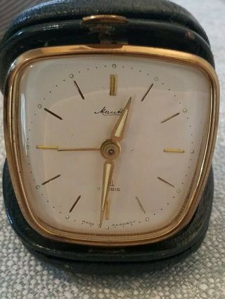 Vintage Mauthe Travel Alarm Clock 8 Day Seven Rubis Germany Leather Case