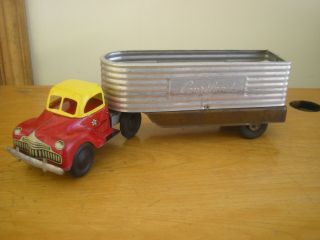 Vintage Courtland 1940 ' s - 50 ' s Pressed Tin Grain Hauler and Wind Up Cab / Marx 2