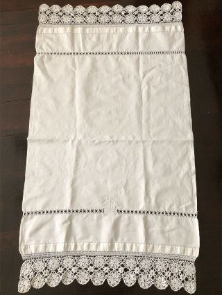 Antique Linen Bath Towel With Drawn Work Monogrammed Crochet Lace Trim 29x51