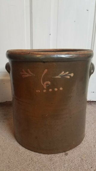 Large Antique Brown Stoneware Crock 6 Gallon W/tan Markings