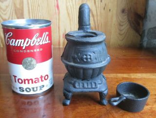 Antique Miniature Salesman Sample Cast Iron Pot Belly Pipe Stove w/ Tiny Kettle 3