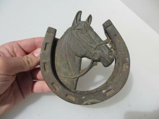 Antique Brass Door Knocker Vintage Lucky Horse Shoe Stallion Mare Old