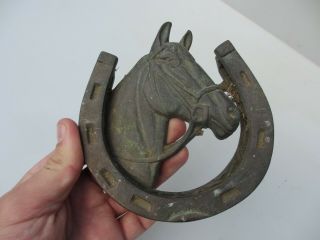 Antique Brass Door Knocker Vintage Lucky Horse Shoe Stallion Mare Old 2