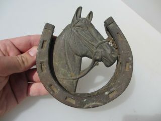 Antique Brass Door Knocker Vintage Lucky Horse Shoe Stallion Mare Old 3