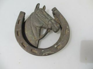 Antique Brass Door Knocker Vintage Lucky Horse Shoe Stallion Mare Old 4