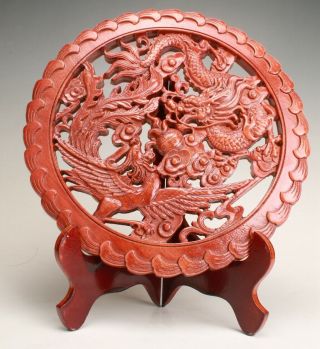 Chinese Wood Handmade Carving Dragon And Phoenix Statue Wall Decoration