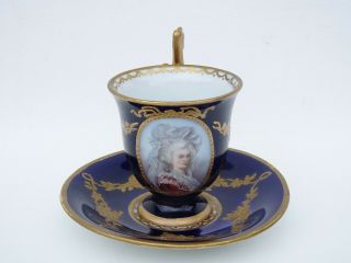 Exquisite 1901 French Sevres Style " Marie Antoinette " Hand - Painted Cup & Saucer