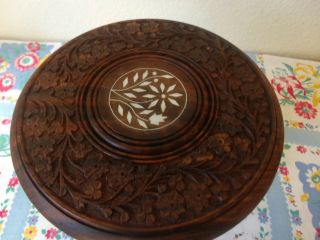 Vintage India Wood Hand Carved Teak Side Table With Inlay 9 " X9 1/4 "