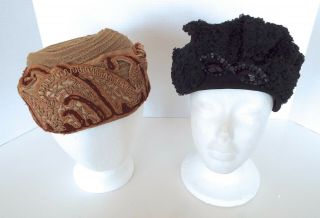 2 Vintage Ladies Hats Rich Art Models Brown Straw Appliqued Black Wool Art Deco
