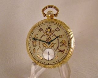 92 Years Old Elgin 17j 14k Green Gold Filled Open Face Masonic Dial Pocket Watch