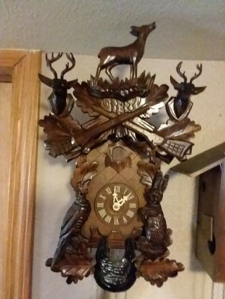 Stunning Large Antique Black Forest Cuckoo Clock Hunt Deer Bird Rabbit 2 Stag
