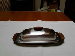 Mid Century Danish Modern Butter Dish Teak Handle Stainless Steel Mcm Glass