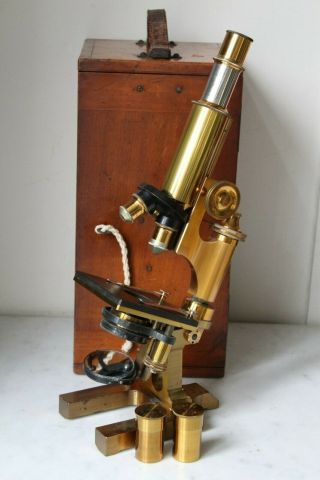 Antique 19th C.  Large Cased Brass Ross Monocular Microscope Serial 8581