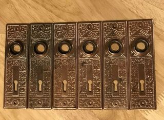 Three Matched Pairs Old Eastlake Brass Plated Door Knob Backplates Ornate