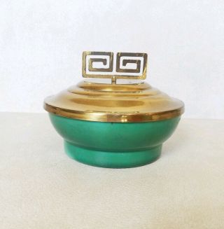 Vintage Berns Of Hollywood Green Pottery Bowl Gold Lid Mid Century Makers Mark