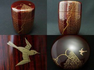 Japan Tame Lacquer Wooden Tea Caddy Warbler At Willow Makie Long - Natsume (710)