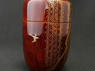 Japan Tame Lacquer Wooden Tea caddy WARBLER at WILLOW makie Long - Natsume (710) 6