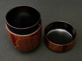 Japan Tame Lacquer Wooden Tea caddy WARBLER at WILLOW makie Long - Natsume (710) 7